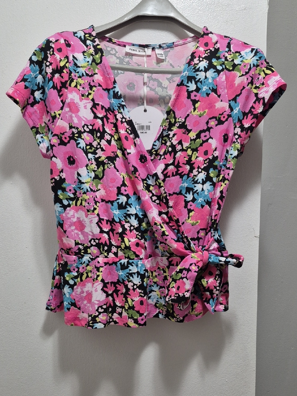 Rebel Sugar Black Floral Wrap Top with Pink & Blue Accents